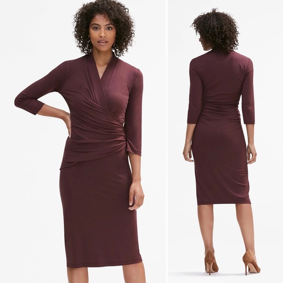 MM Lafleur Casey Wrap Style Dress Medium maroon burgundy midi office career work - Picture 1 of 14